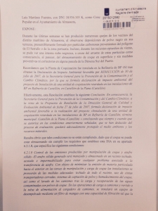 Instancia incidencias polvo en suspensión playa
