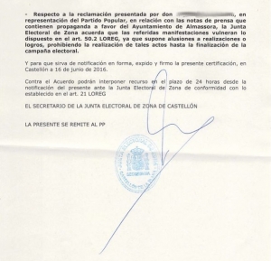 Resolución Junta Electoral Almassora