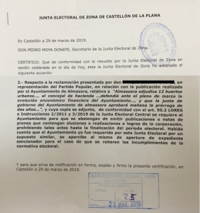 Denuncia Junta Electoral con apercibimiento sancionador