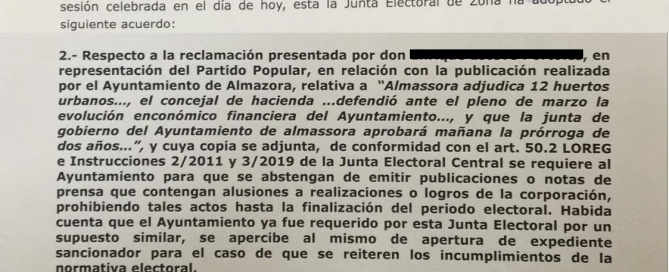 Denuncia Junta Electoral con apercibimiento sancionador