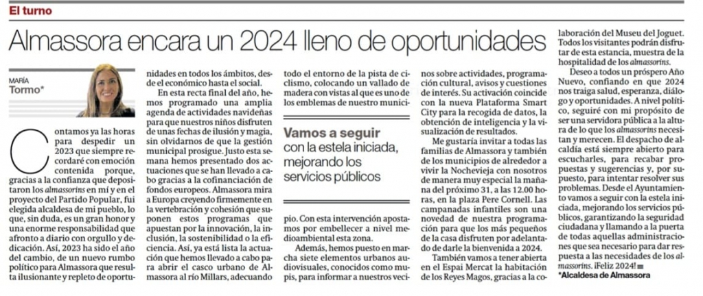 María Tormo: Almassora encara un 2024 lleno de oportunidades