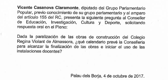 Interpelación en Las Cortes Regina Violant