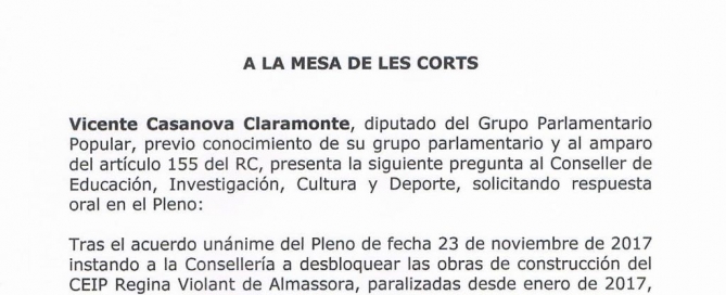 Pregunta parlamentaria PP a Les Corts