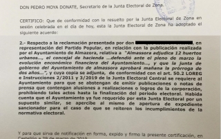 Denuncia Junta Electoral con apercibimiento sancionador